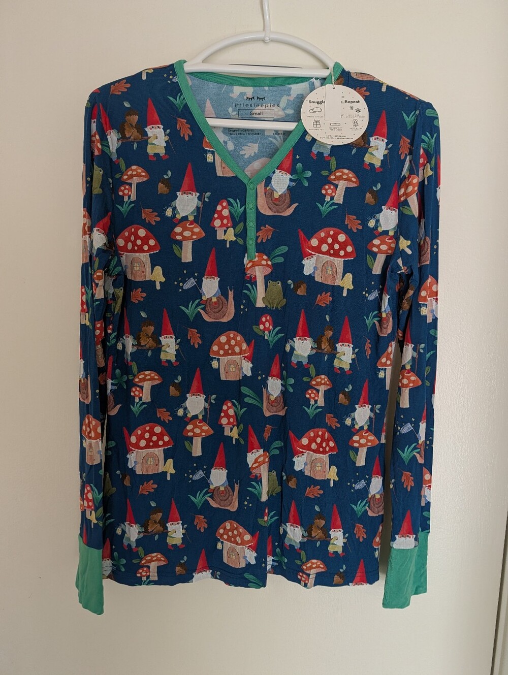 Little Sleepies Navy Gnome & Mushroom Pajama Top & Bottom Women's S Bamboo
